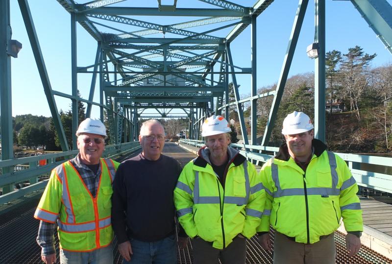 Old and new bridgekeepers, from left, Duane Lewis, Dwight Lewis, David Blake and George Freese. RYAN LEIGHTON/Boothbay Register